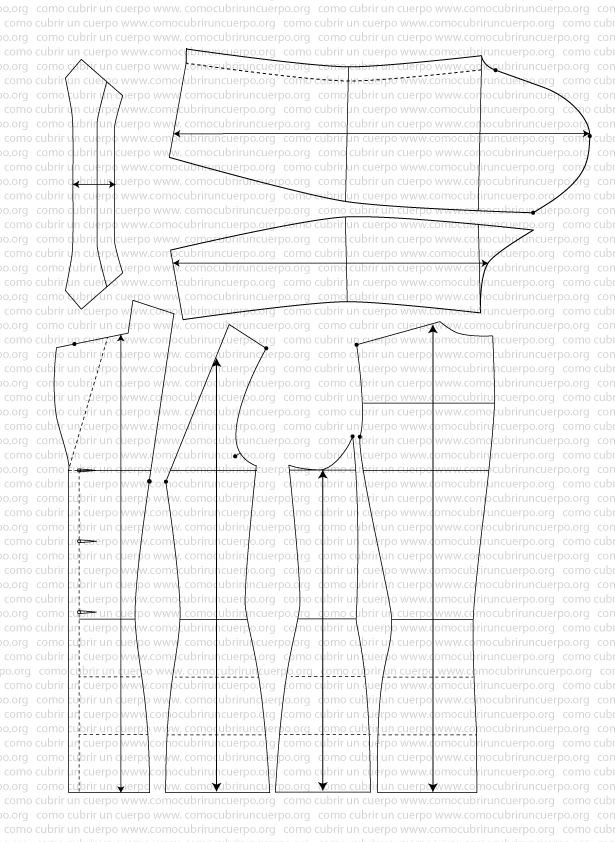 Patrón base de la americana femenina con sus piezas descompuestas para iniciar el trazado del faldón sastre