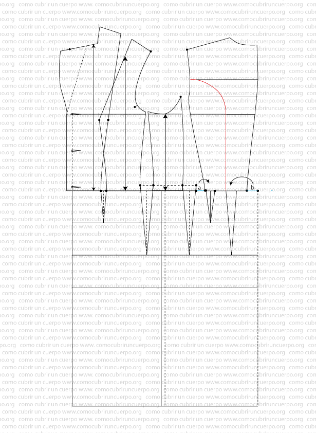 Ubicación de la pinza central equidistante entre costadillo y costura de omoplato para ajustar el faldón al cuerpo