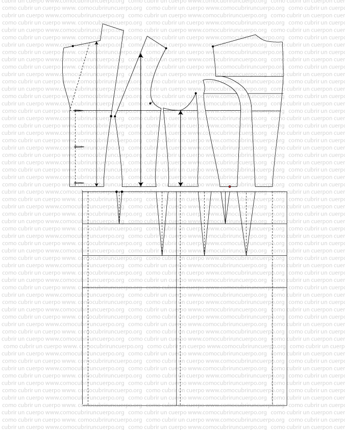 Patrón base del faldón sastre femenino utilizado para desarrollar la redingote con martingala y pliegue en mitad de espalda