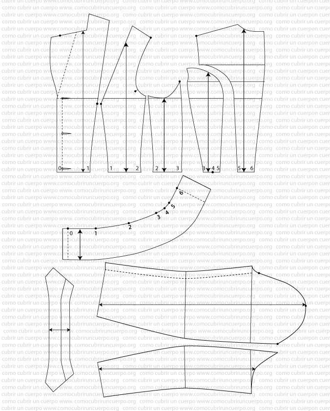 Conjunto de piezas de la redingote femenina con piquetes numerados del 0 al 6 y referencias anatómicas correspondientes
