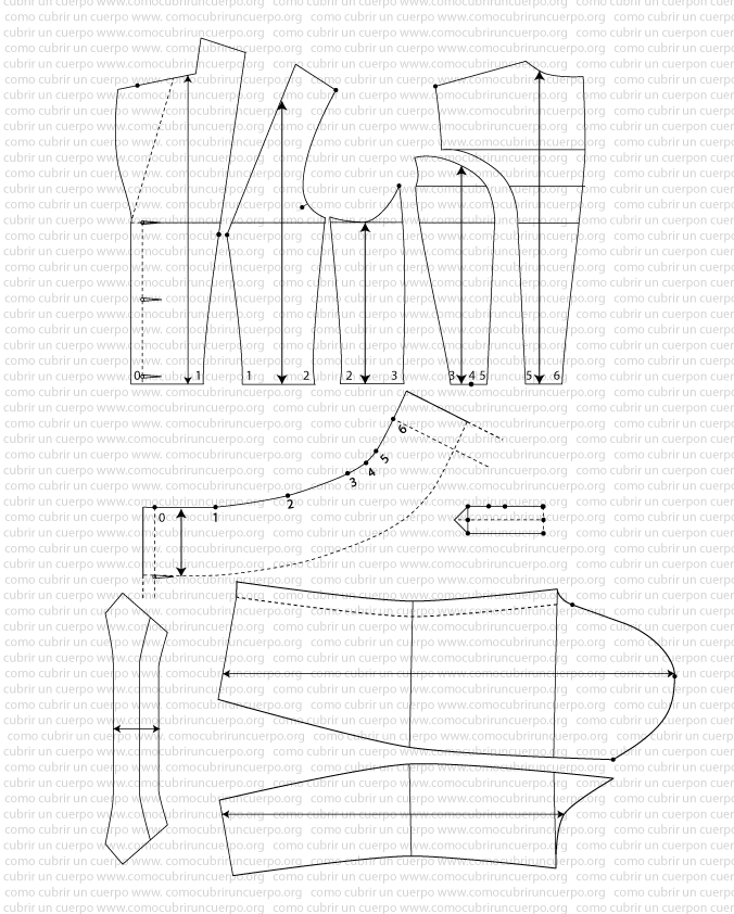 Trazado de martingala volada de 3,5 cm de ancho y largo doble entre piquetes 3 y 6 para redingote femenina