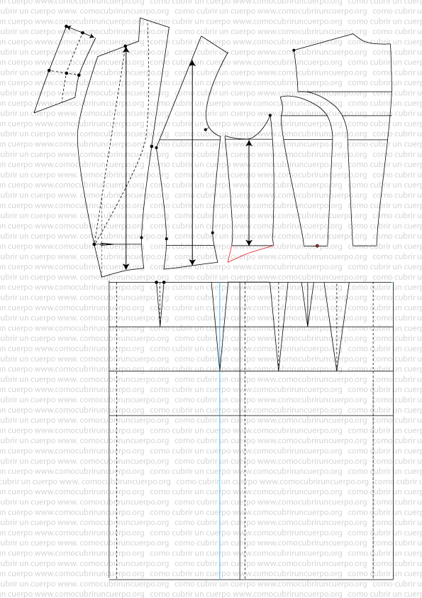 Modificación del bajo del costadillo y corte del faldón por el centro del entalle del avance de costadillo