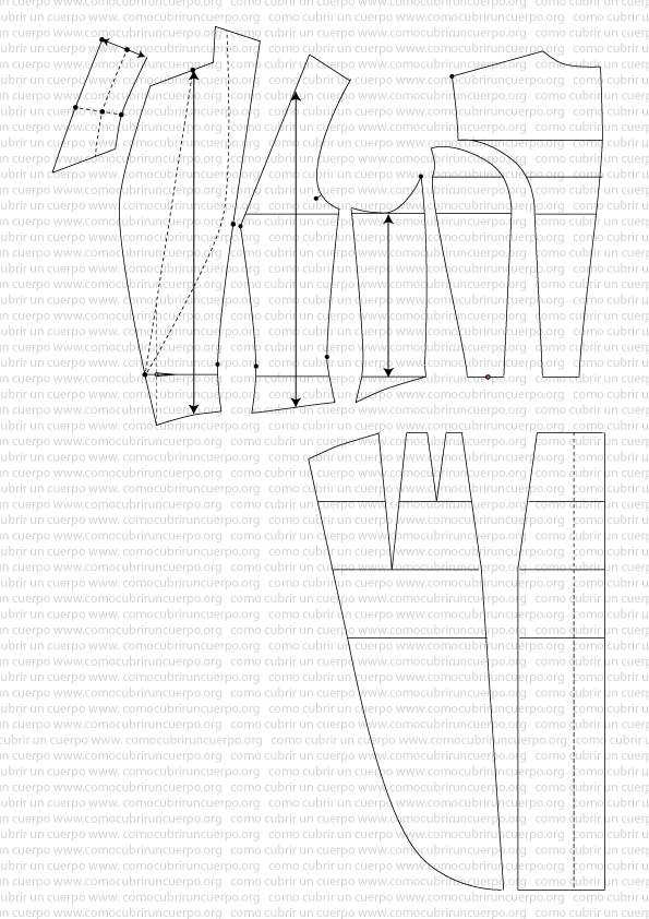 Piezas del faldón del frac femenino separadas tras eliminar las líneas de construcción