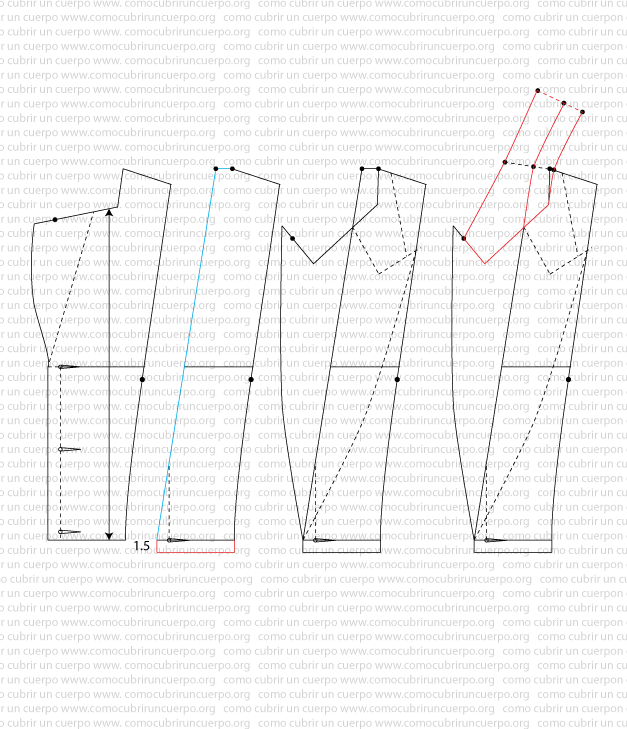 Pasos de transformación del patrón base en chaqué femenino con modificación de delantero, quiebre y solapa de picos