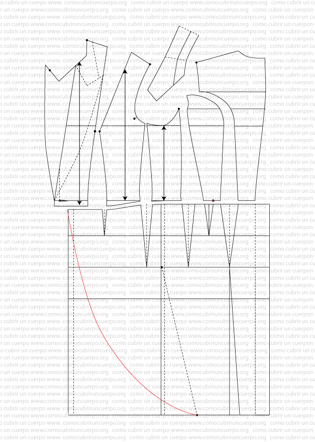 Trazado de la parte delantera del chaqué femenino definiendo su forma característica