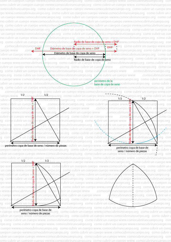 Esquema del trazado geométrico de la copa de seno mostrando diámetro base, radio base más DHP y desarrollo en piezas a partir del perímetro dividido.
