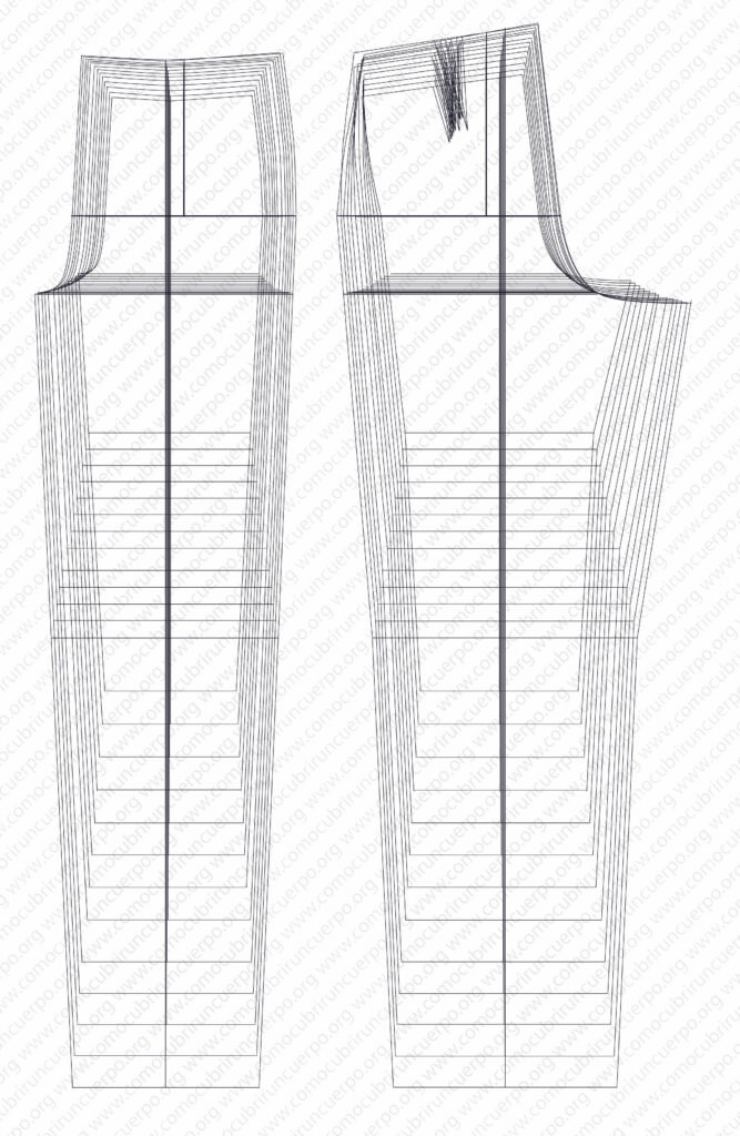 Plancha de gradación del pantalón infantil proporcional desde los 4 hasta los 18 años, mostrando delantero y espalda con puntos de ancla y progresión de tallas sobre base clásica proporcional.