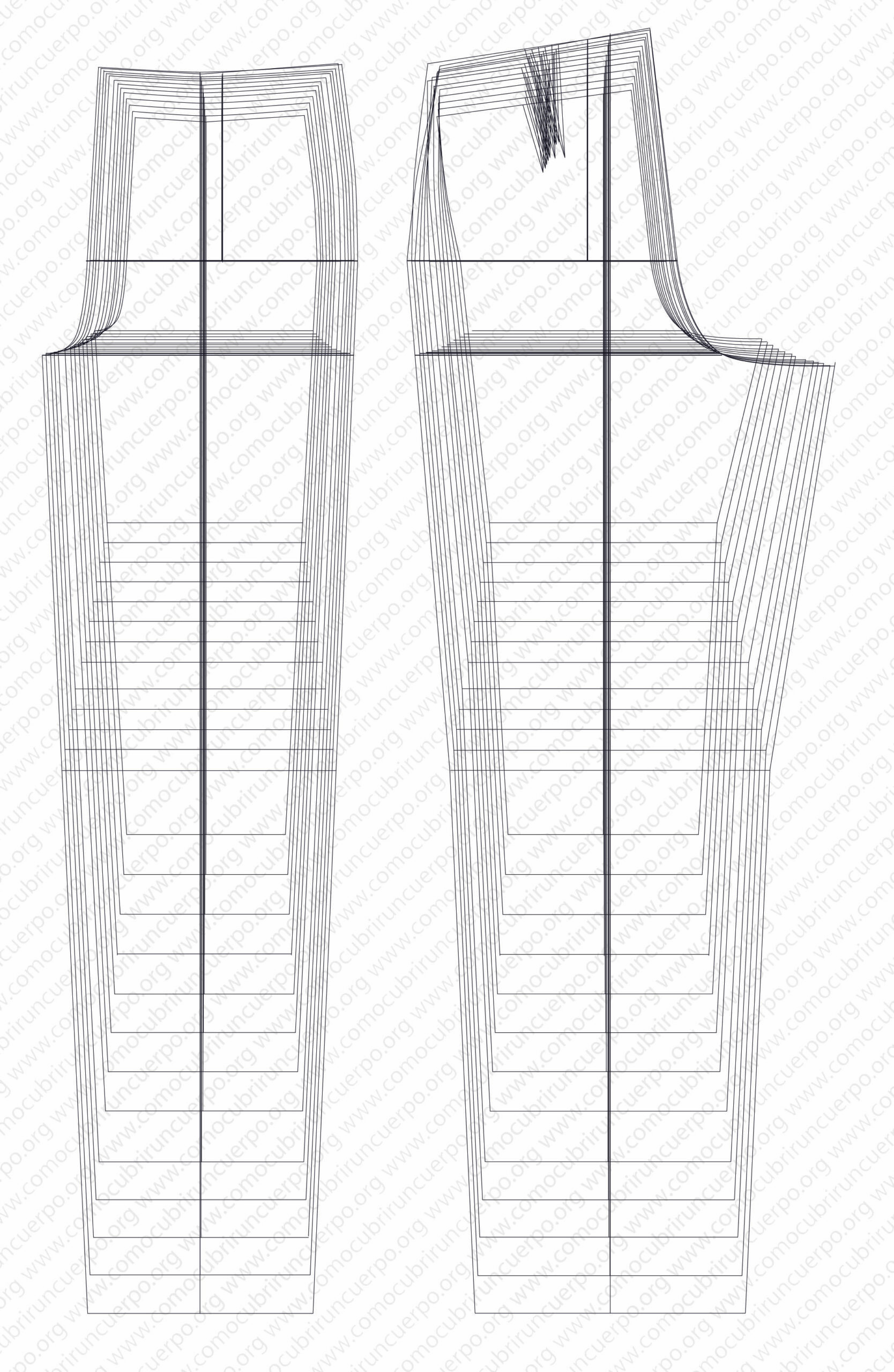 Plancha de gradación del pantalón infantil proporcional desde los 4 hasta los 18 años, mostrando delantero y espalda con puntos de ancla y progresión de tallas sobre base clásica proporcional.