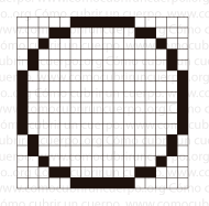 Dibujo de un círculo textil proyectado en papel cuadriculado 8:8 con igual densidad de urdimbre y trama