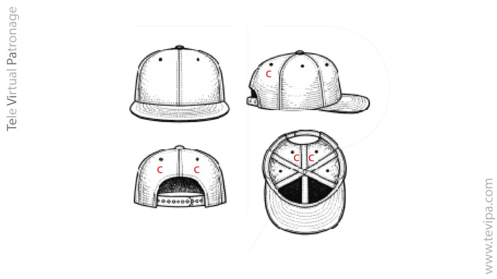 Pannello posteriore o spicchio posteriore di un cappellino da baseball in diverse viste