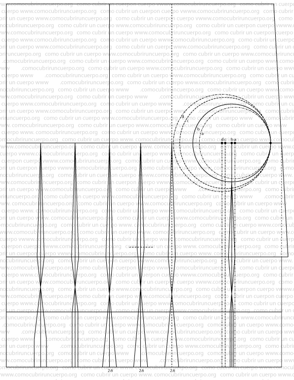 Distribución del cruce de 6,5 cm entre las costuras de costadillo, mitad costadillo y avance de costadillo en la línea de cadera del patrón base del corsé.