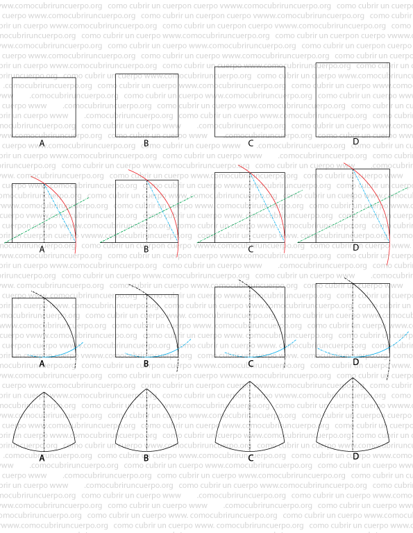 Trazado de arcos desde la línea de mitad del rectángulo para obtener una de las cuatro piezas que forman la copa de seno en el patrón base del corsé.