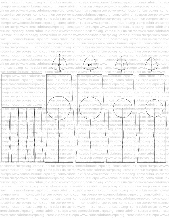 Patrón base del corsé con copas separadas y piezas de copa en cuatro gajos para tallas A, B, C y D.