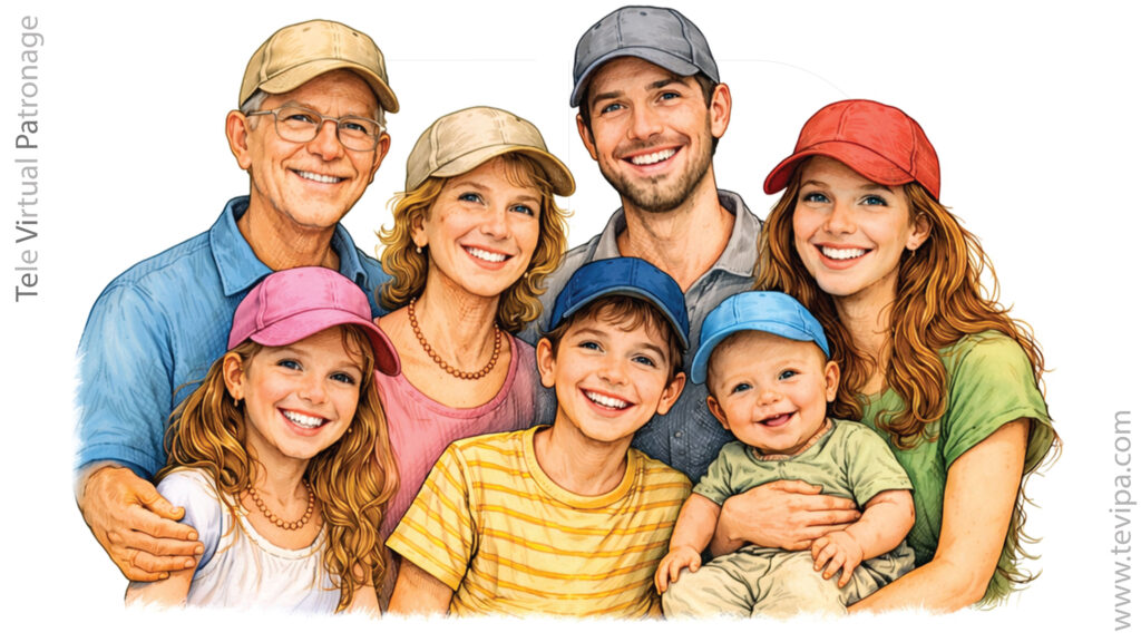 Familia con gorras de béisbol de distintas tallas y alturas de corona