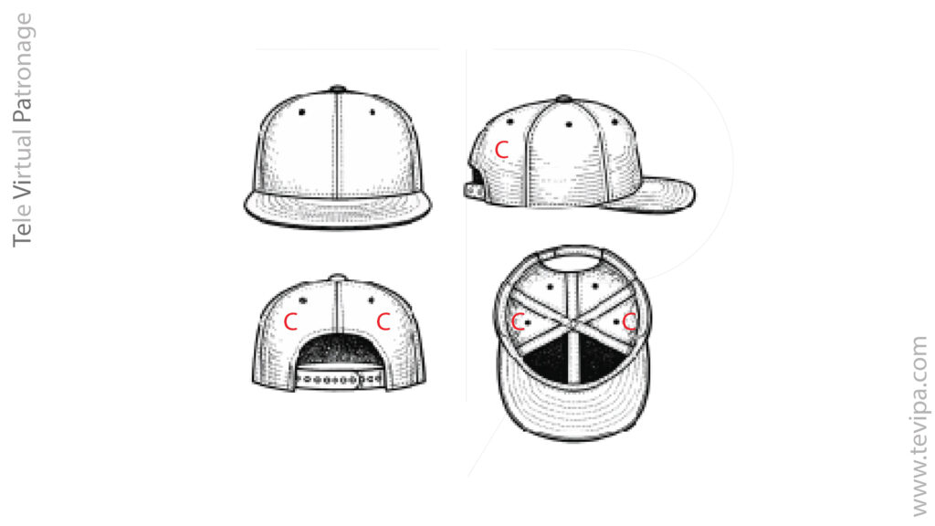 Panel posterior o gajo posterior de una gorra de béisbol en diferentes vistas