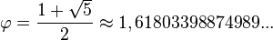 Expresión matemática del número áureo φ igual a (1 + raíz de 5) dividido entre 2, aproximado a 1,618.