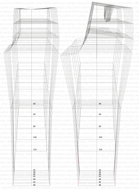 Plancha de gradación de pantalón desde talla infantil hasta talla 48 de caballero mostrando progresión proporcional sin deformaciones
