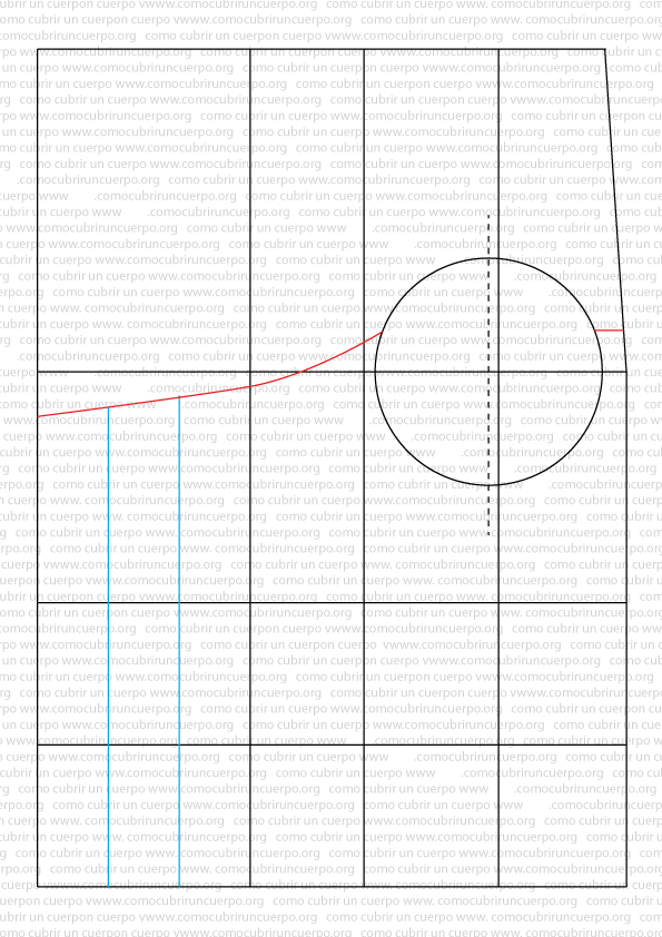 Esquema del patrón del corsé con copas separadas mostrando el posible descentramiento del pezón respecto al centro de la circunferencia base de copa y la referencia para el corte del escote.
