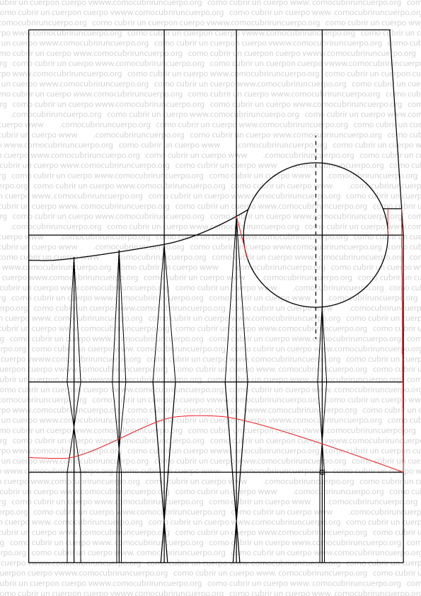 Patrón del corsé con copas separadas mostrando la definición del bajo, el ajuste del escote de copa y el trazado definitivo de la línea de mitad delante sobre la línea de esternón.