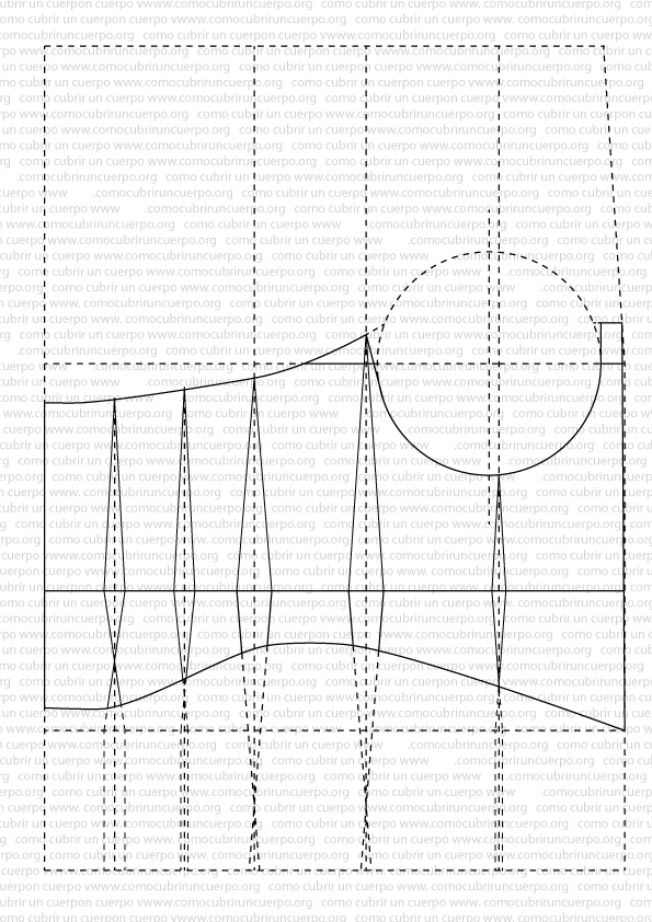 Despiece del patrón base del corsé con copas separadas mostrando espalda, costadillo, delantero y pieza central antes del vaciado de la copa.