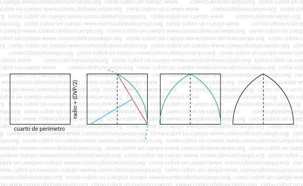 Rectángulo de construcción de la copa con base igual al cuarto del perímetro de la circunferencia de seno y altura igual al radio más DVP/2.