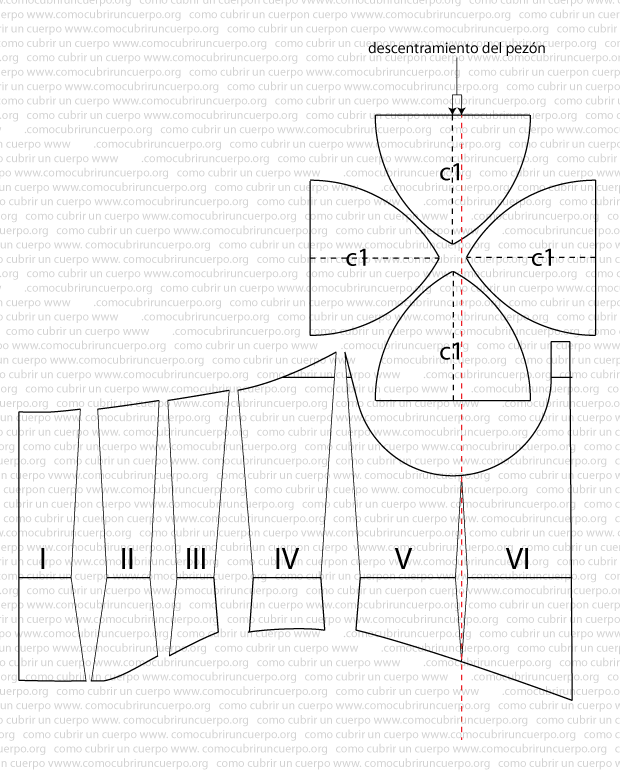 Despiece y montaje de la copa del corsé en cuatro piezas mostrando el posible descentramiento del pezón respecto al eje central.