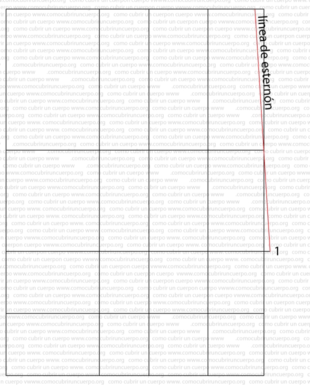 Esquema del patrón base del corsé mostrando la prolongación de la cintura y el trazado de la línea de esternón para generar el ángulo de Louis en la mitad delante.