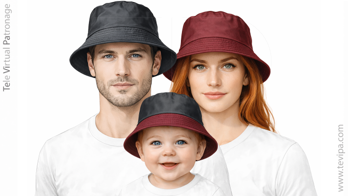 hombre mujer y bebé con gorro de pescador bucket hat sombrero de ala caída