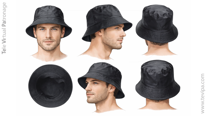 vistas frontal lateral superior y posterior del gorro de pescador bucket hat