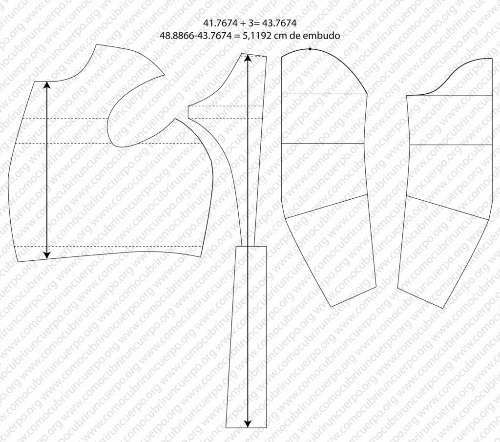 Despiece del patrón del traje de caballero 1855 con manga y cuerpo base según método Leclaire