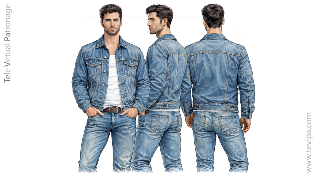 Blua denim trucker jako kun brustaj poŝoj fronta flanka kaj malantaŭa vido sur vira modelo