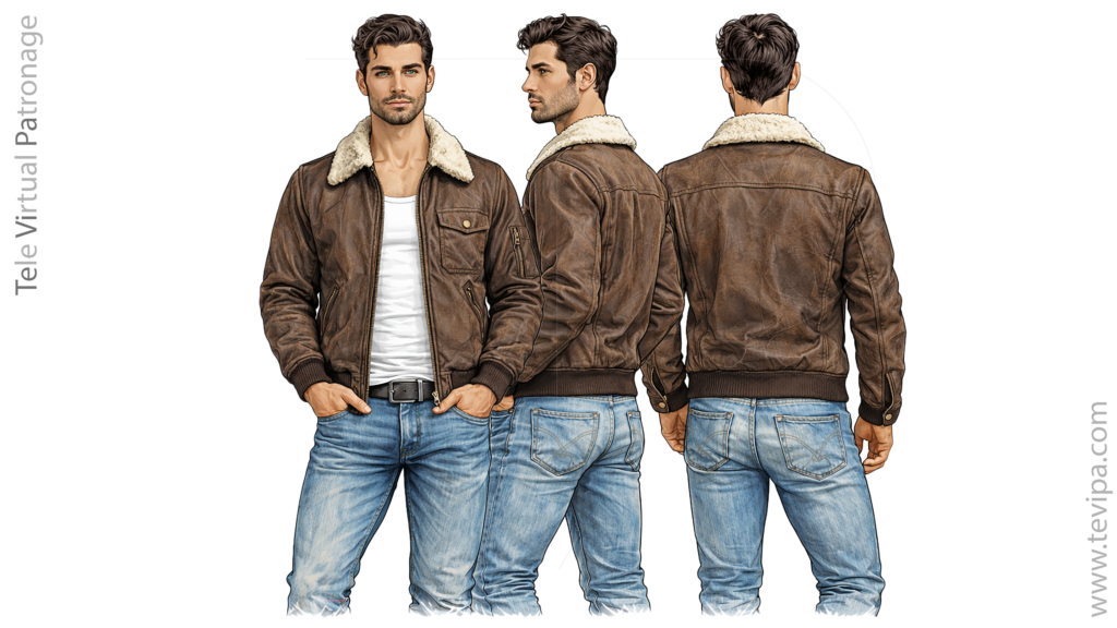 Bruna aviatora jako kun ŝafa kolumo fronta flanka kaj malantaŭa vido sur vira modelo