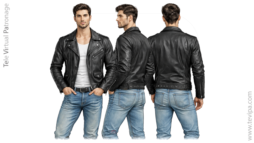 Nigra leda biker jako kun nesimetria zipfermo fronta flanka kaj malantaŭa vido sur vira modelo