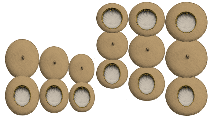Comparación entre boinas con vuelo estrecho, clásico, medio y amplio mostrando diferentes proporciones entre el plato y el hueco interior.