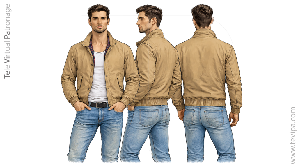 Beĵa Harrington jako kun ĉemiza kolumo fronta flanka kaj malantaŭa vido sur vira modelo