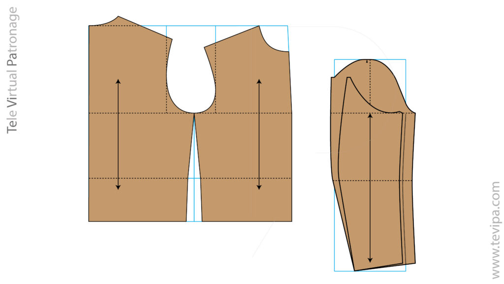 Piezas del patrón base de la cazadora con líneas de referencia y estructura general