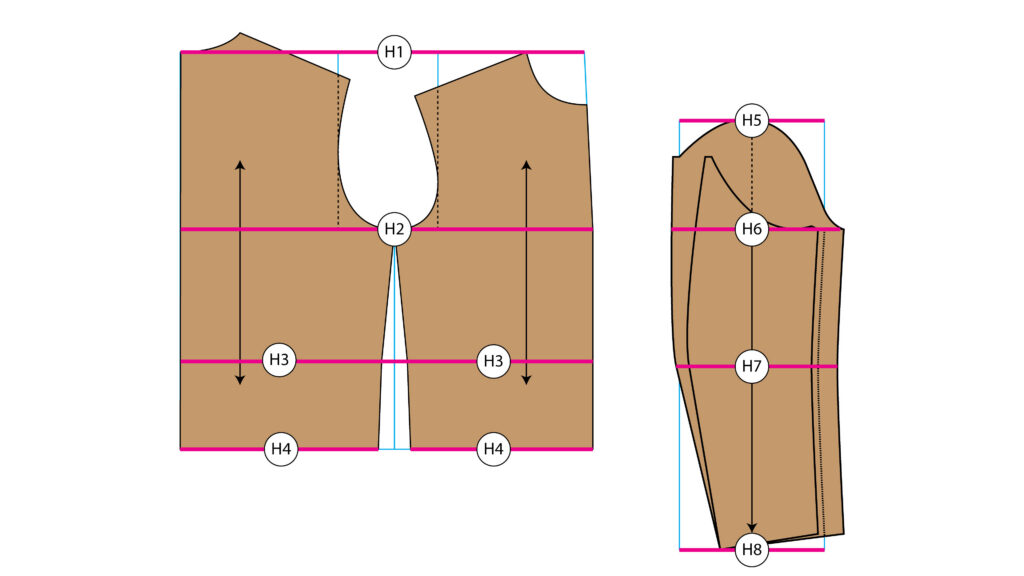 Líneas horizontales H1 a H8 en patrón base de cazadora con referencias estructurales