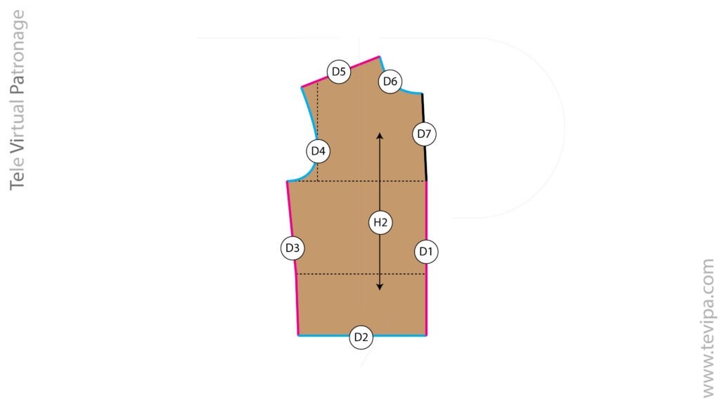 Pieza delantero de cazadora con escote sisa y líneas de construcción identificadas