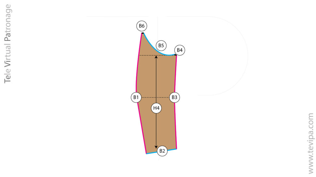 Pieza bajera de manga con líneas de construcción y contorno inferior identificados