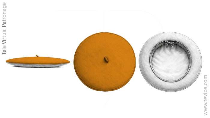 Plato superior de la boina visto en perfil, vista superior y vista interior con forro y badana.