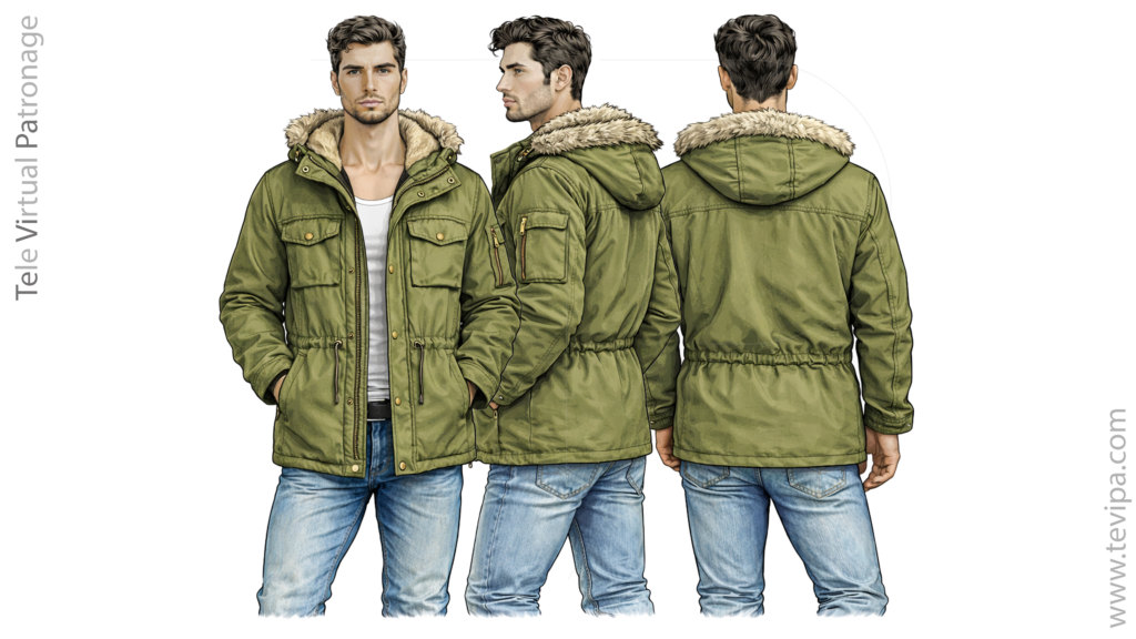 Verda mallonga parka jako kun kapuĉo fronta flanka kaj malantaŭa vido sur vira modelo