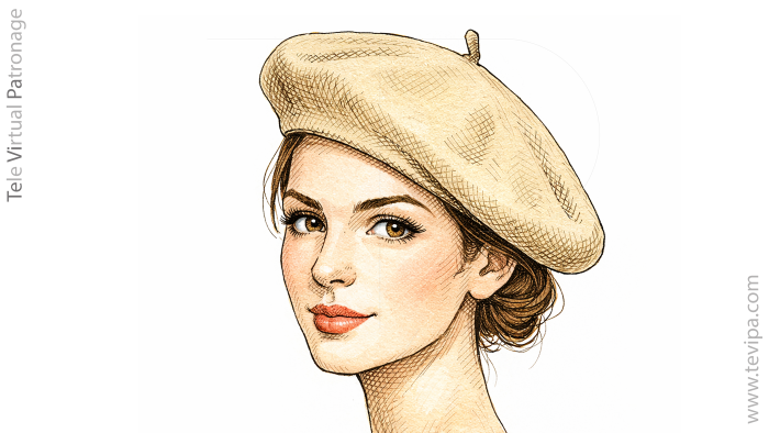 Mujer joven con boina clara donde se aprecia el pequeño rabito central característico del plato superior.