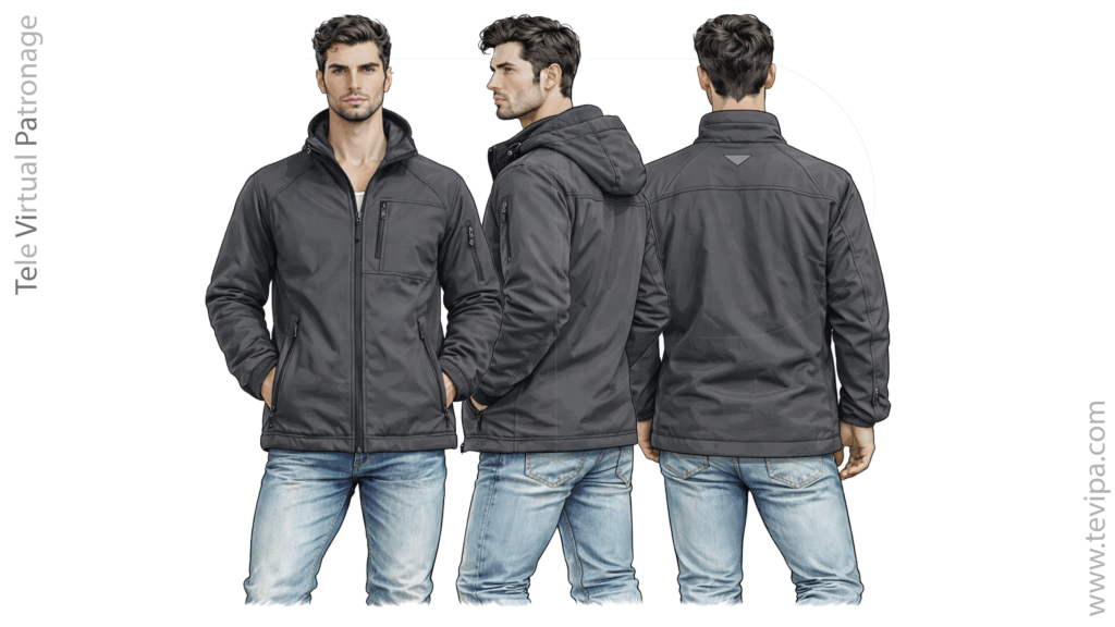 Nigra softshell jako kun zipfermo fronta flanka kaj malantaŭa vido sur vira modelo