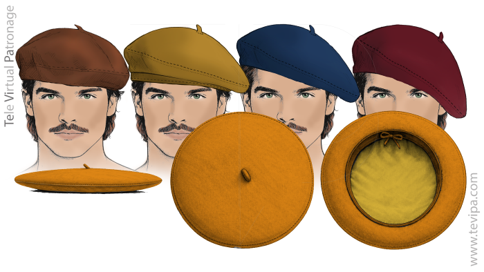 Variantes de boina en diferentes colores mostrando vista frontal, perfil, plato superior y estructura interior con forro y badana.