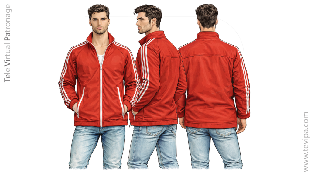 Ruĝa track jacket jako kun zipfermo kaj flankaj strioj fronta flanka kaj malantaŭa vido sur vira modelo