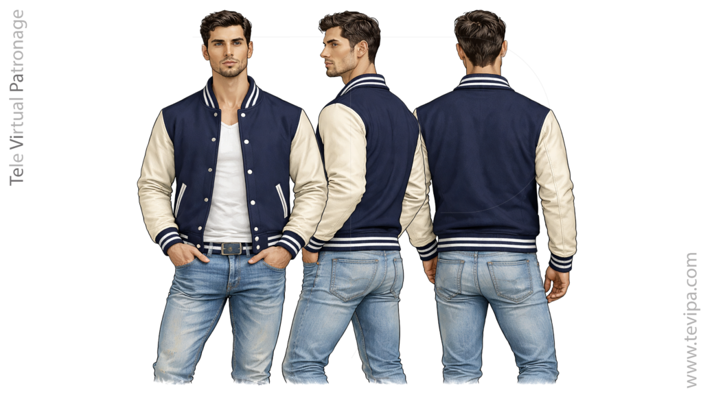 Varsity jako kun kontrastaj manikoj kaj prem-butona fermo fronta flanka kaj malantaŭa vido sur vira modelo