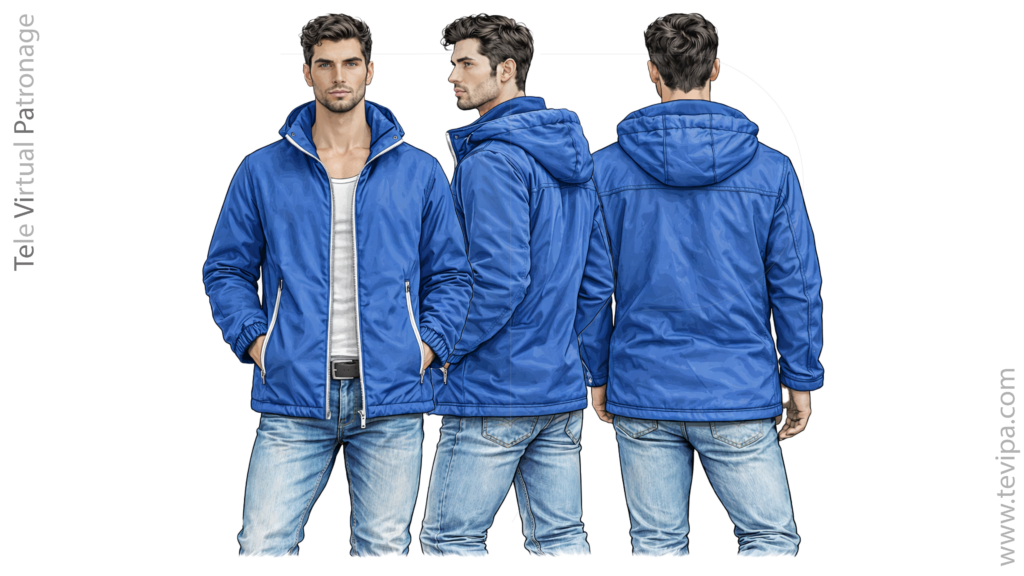 Blua windbreaker jako kun kapuĉo fronta flanka kaj malantaŭa vido sur vira modelo