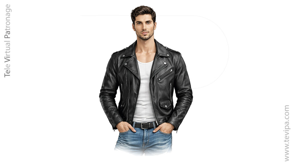 Hombre con cazadora biker de cuero mostrando su estructura y elementos principales