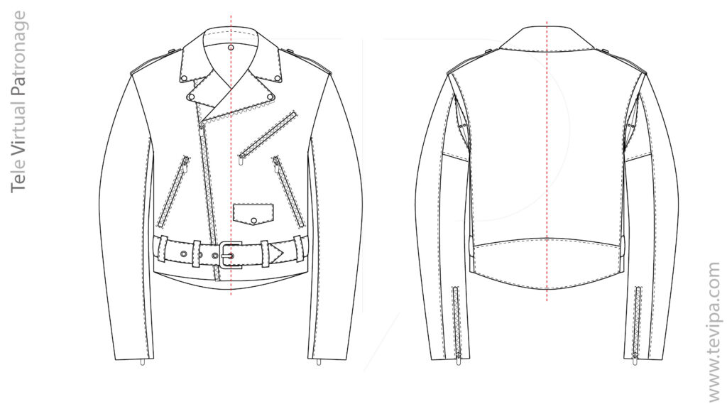 Esquema técnico de cazadora biker con vista delantera y trasera y ejes de referencia