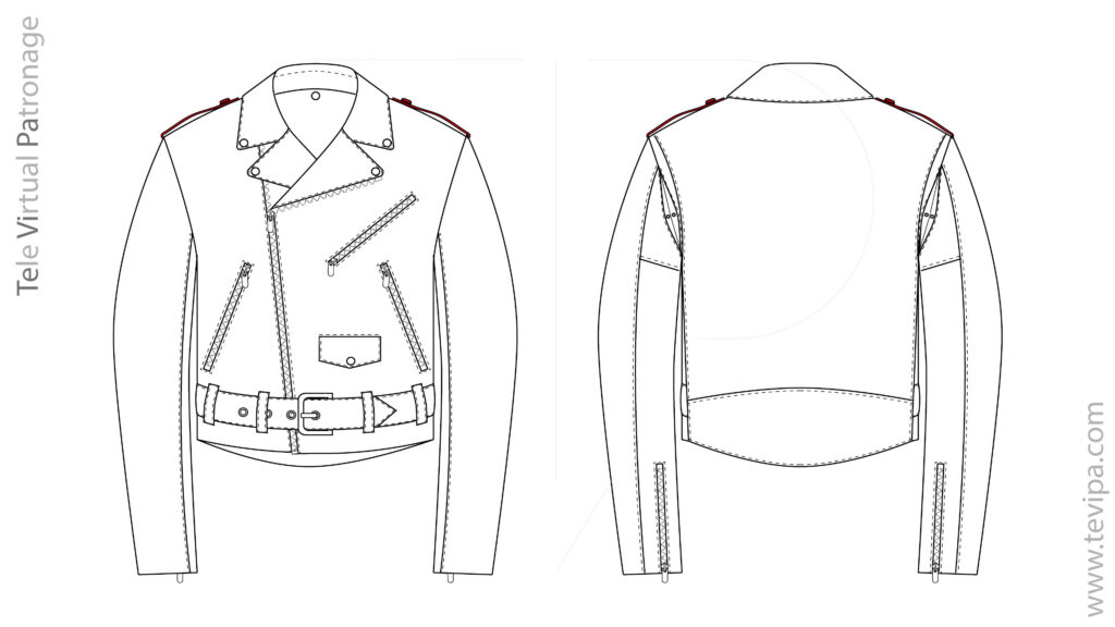 Cazadora biker con detalle de las charreteras en los hombros abrochadas junto al cuello